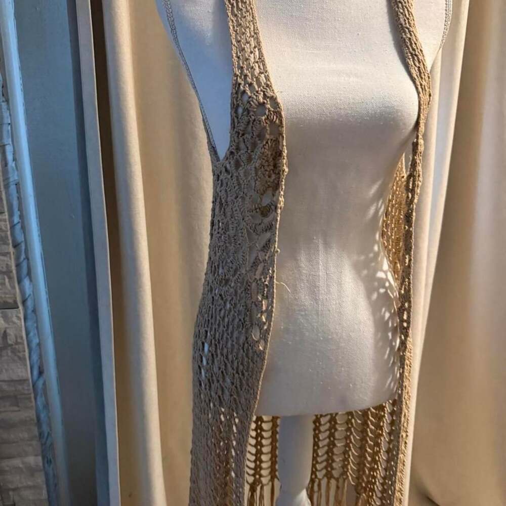 Umgee USA Crochet Long Vest Size M Boho Fringe Tan Open Front